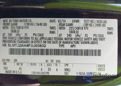 2015 Lincoln Mkc из США, поврежденный, VIN 5LMTJ2AH4FUJ03832